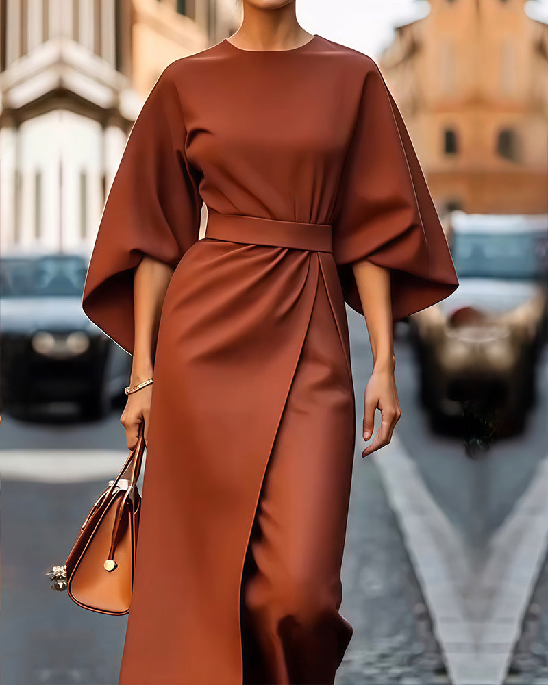 Robe midi d'été élégante et festive pour femmes avec ceinture et manches trois-quarts - Paulien