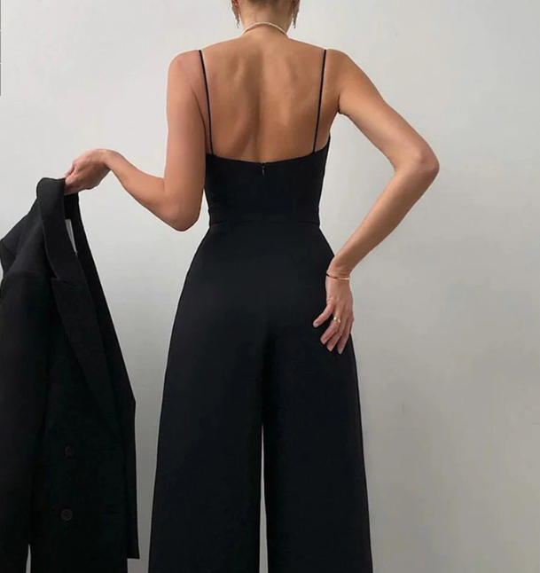 Combinaison Longue à Bretelles avec Décolleté en V et Jambes Amples pour Femme