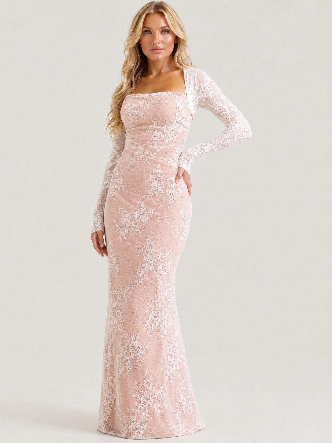 Robe Maxi en Dentelle pour Femmes avec Corset et Manches Longues