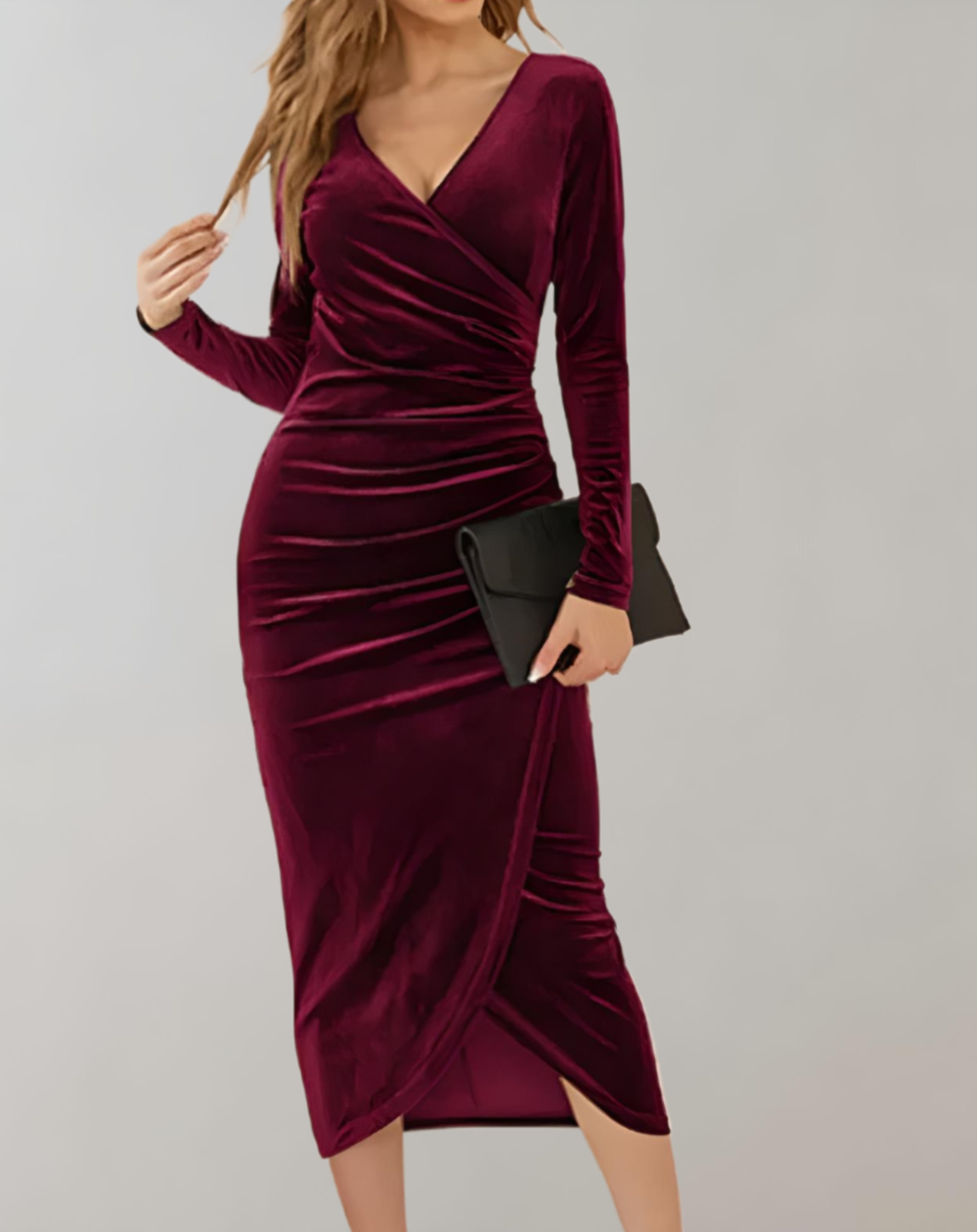 Robe portefeuille en velours à manches longues et volants pour une soirée cocktail avec décolleté en V