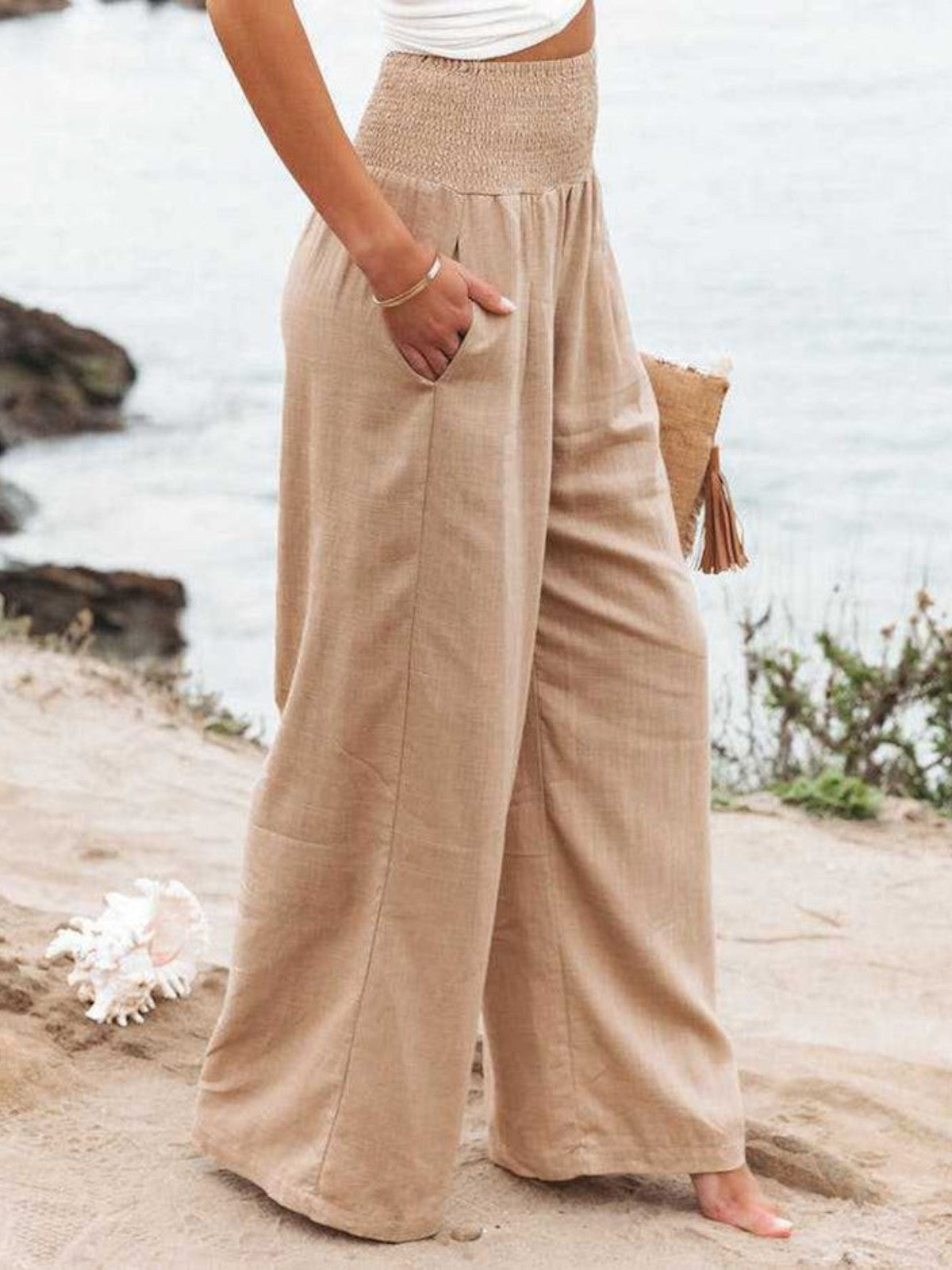 Pantalon Large Femme | Taille Smockée & Coupe Palazzo Fluide