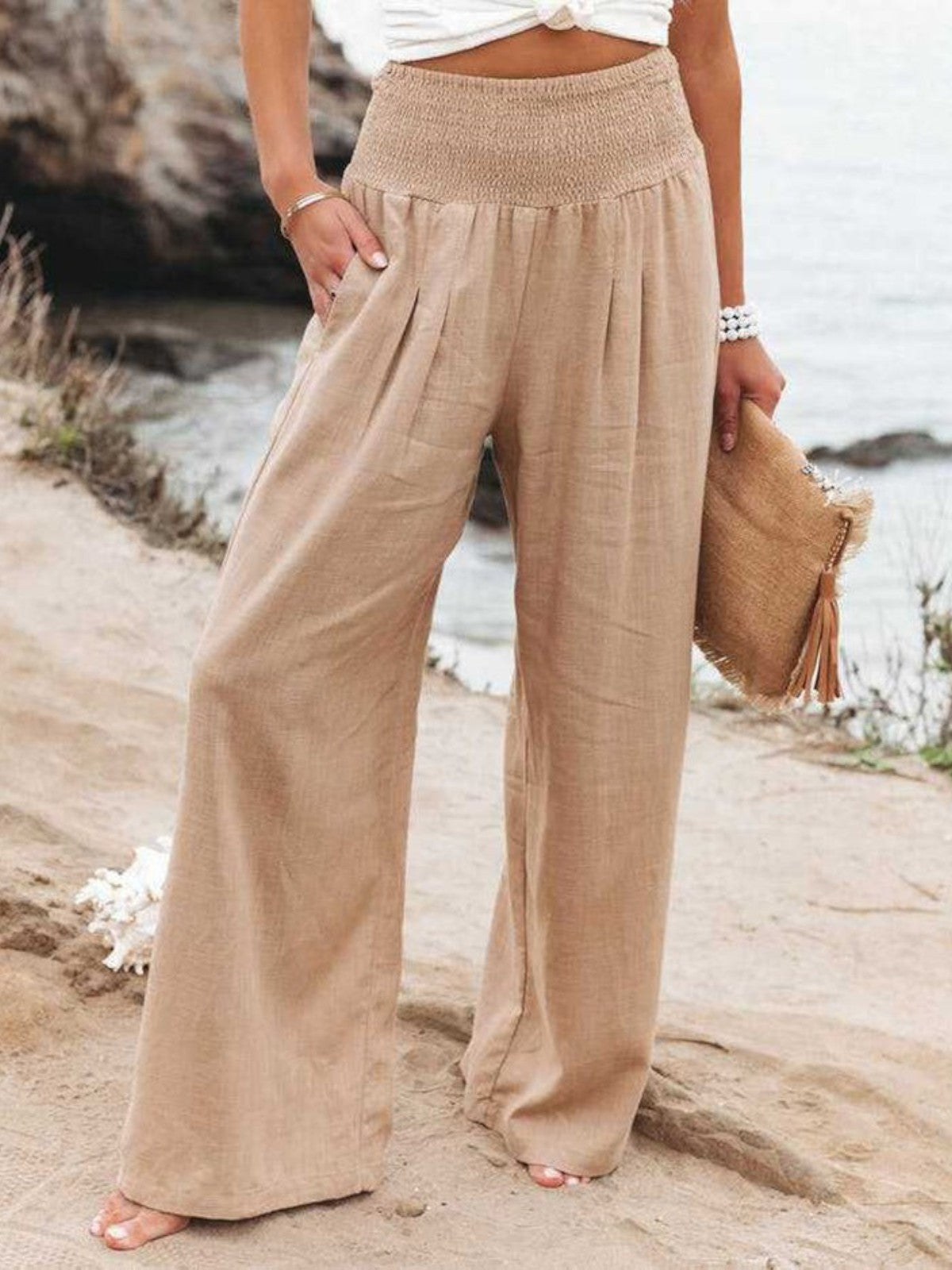 Pantalon Large Femme | Taille Smockée & Coupe Palazzo Fluide