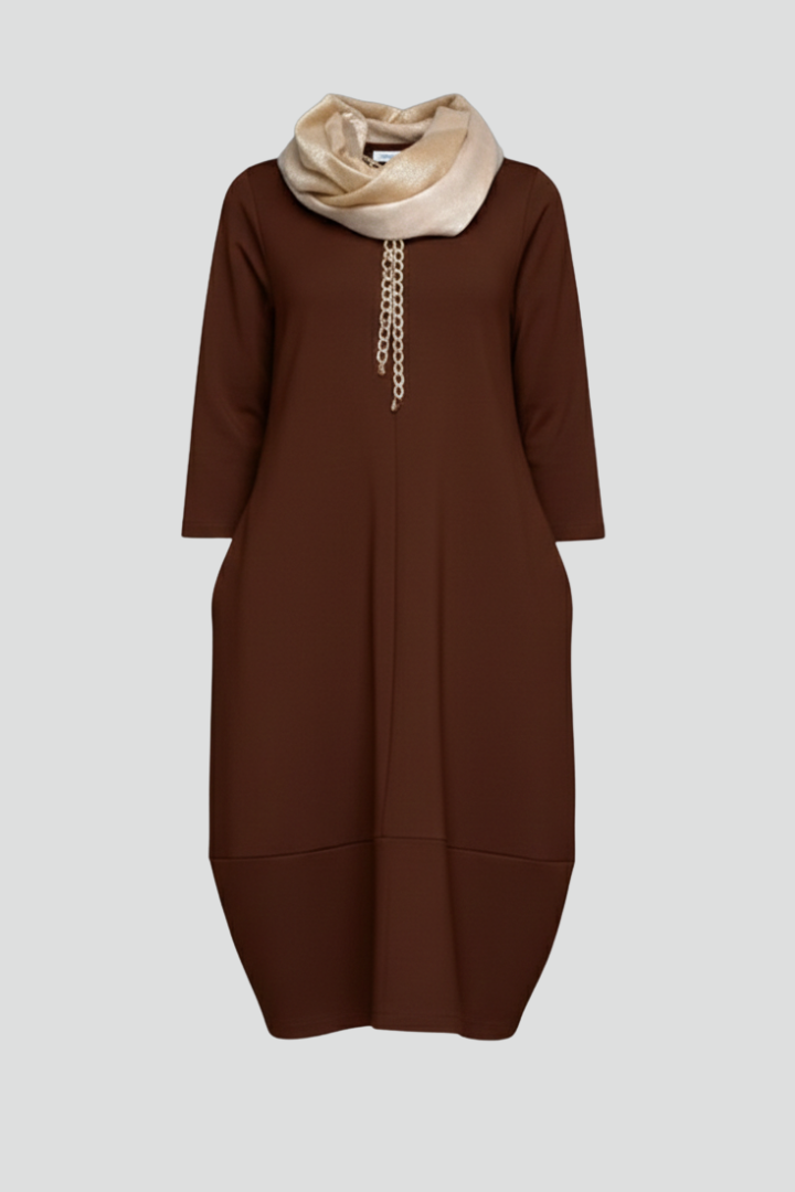 Robe Midi Femme avec Col Rond et Poches