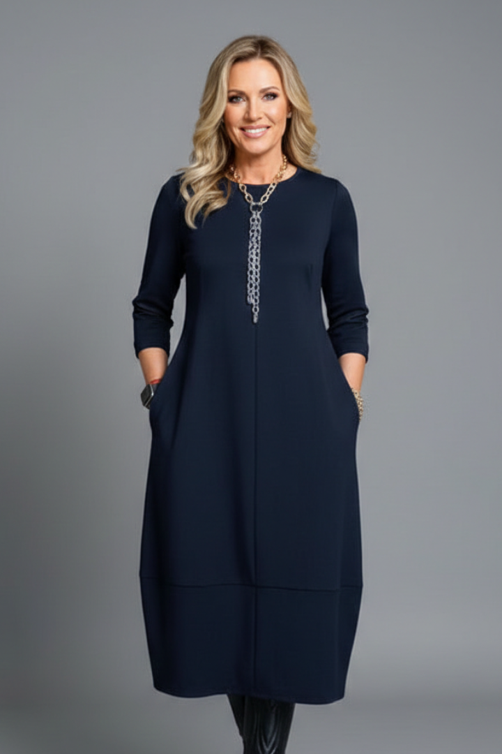 Robe Midi Femme avec Col Rond et Poches