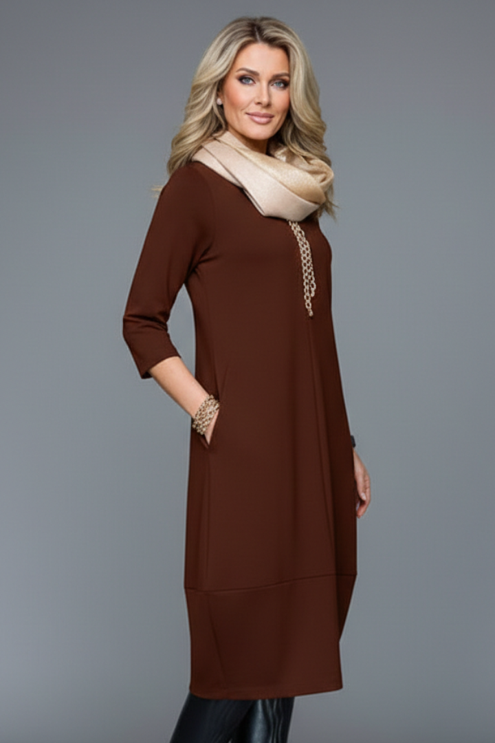 Robe Midi Femme avec Col Rond et Poches