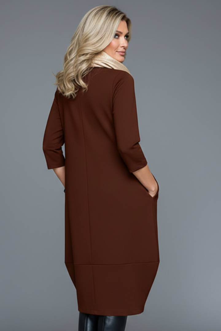 Robe Midi Femme avec Col Rond et Poches