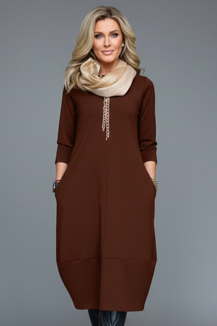 Robe Midi Femme avec Col Rond et Poches