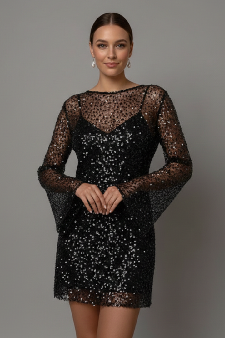 Robe Mini Femme avec Superposition en Maille et Doublure Sans Manches