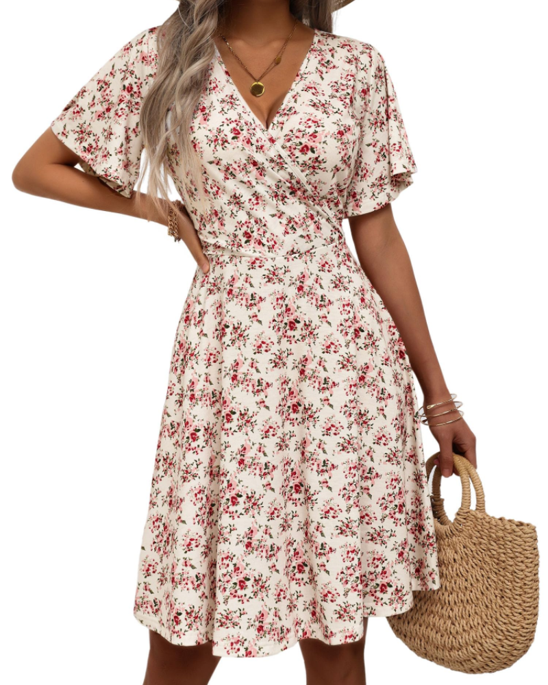Robe courte femme | coupe croisée | col en V | pour événements d'été