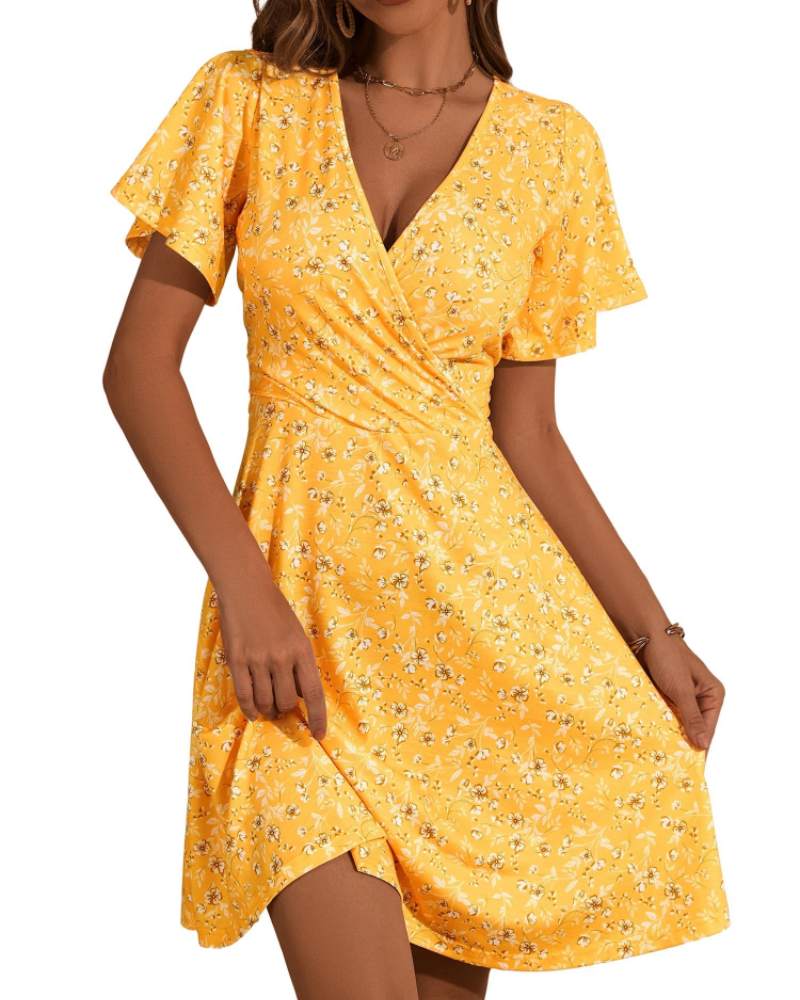 Robe courte femme | coupe croisée | col en V | pour événements d'été