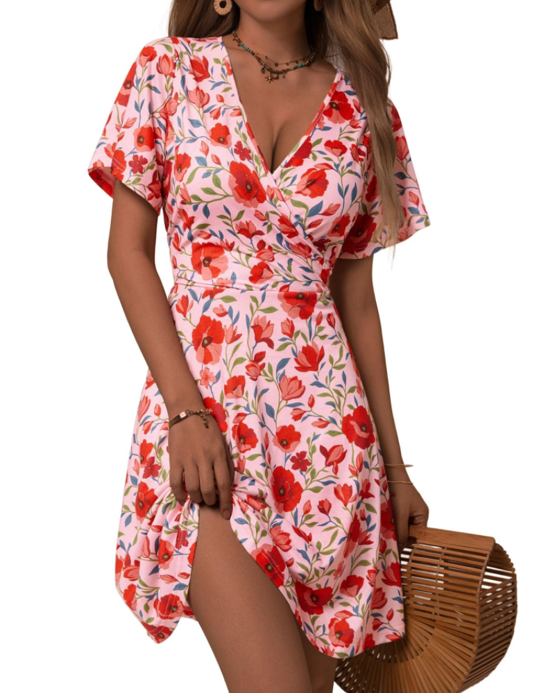 Robe courte femme | coupe croisée | col en V | pour événements d'été