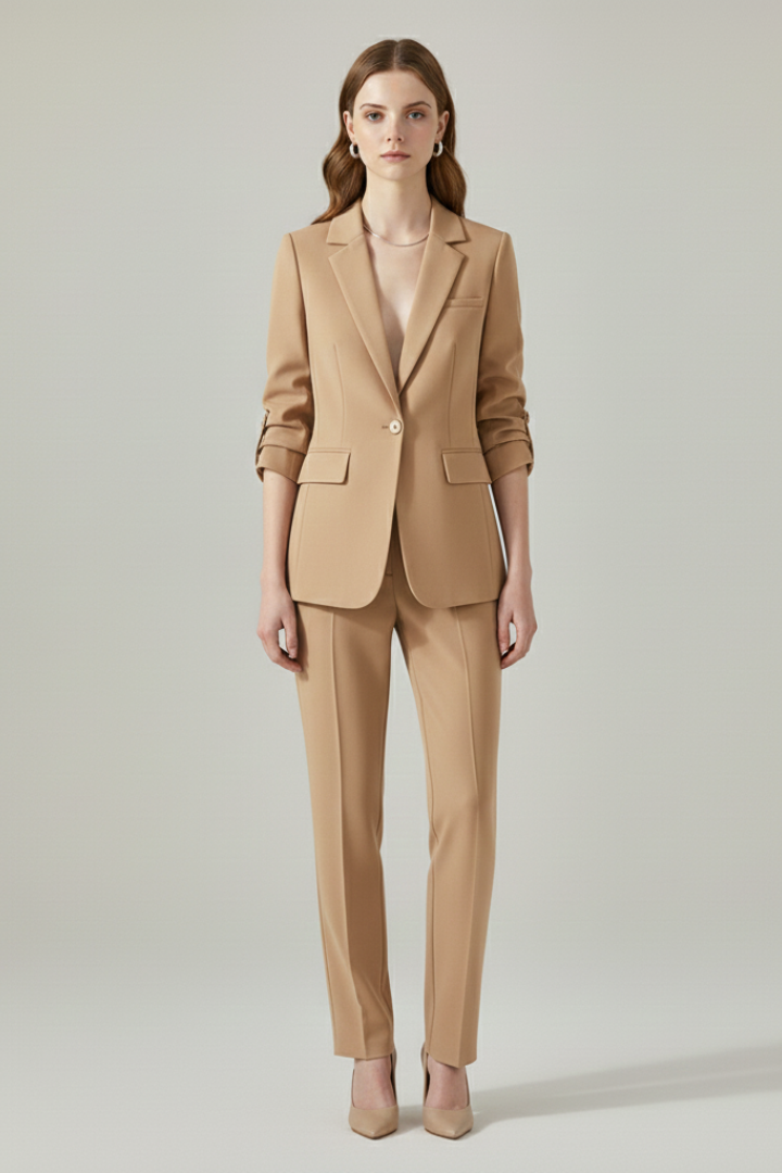 Ensemble Blazer Femme avec Revers Découpé et Pantalons à Jambes Droites