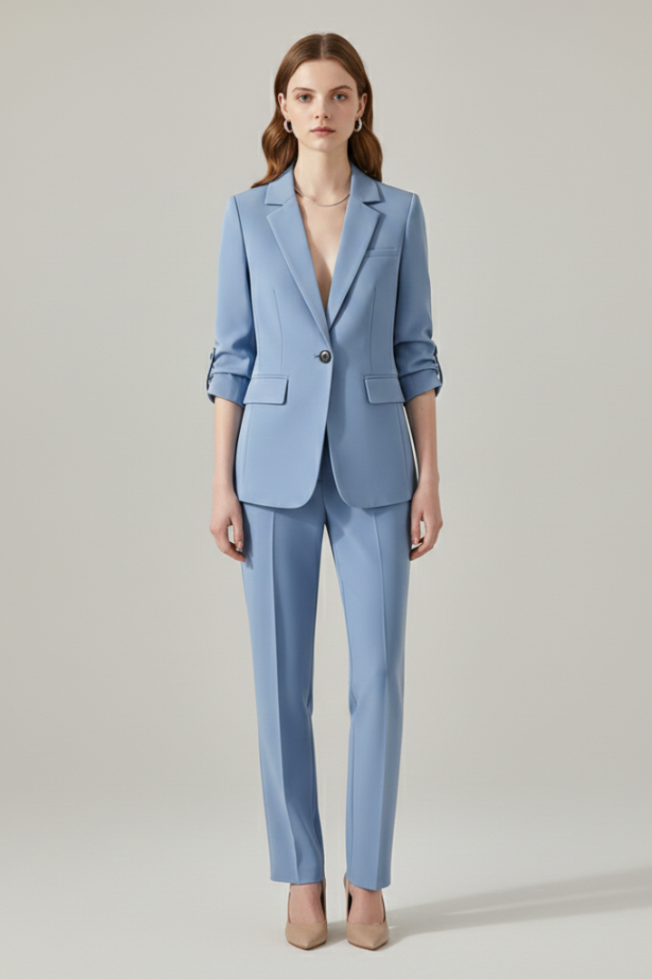 Ensemble Blazer Femme avec Revers Découpé et Pantalons à Jambes Droites
