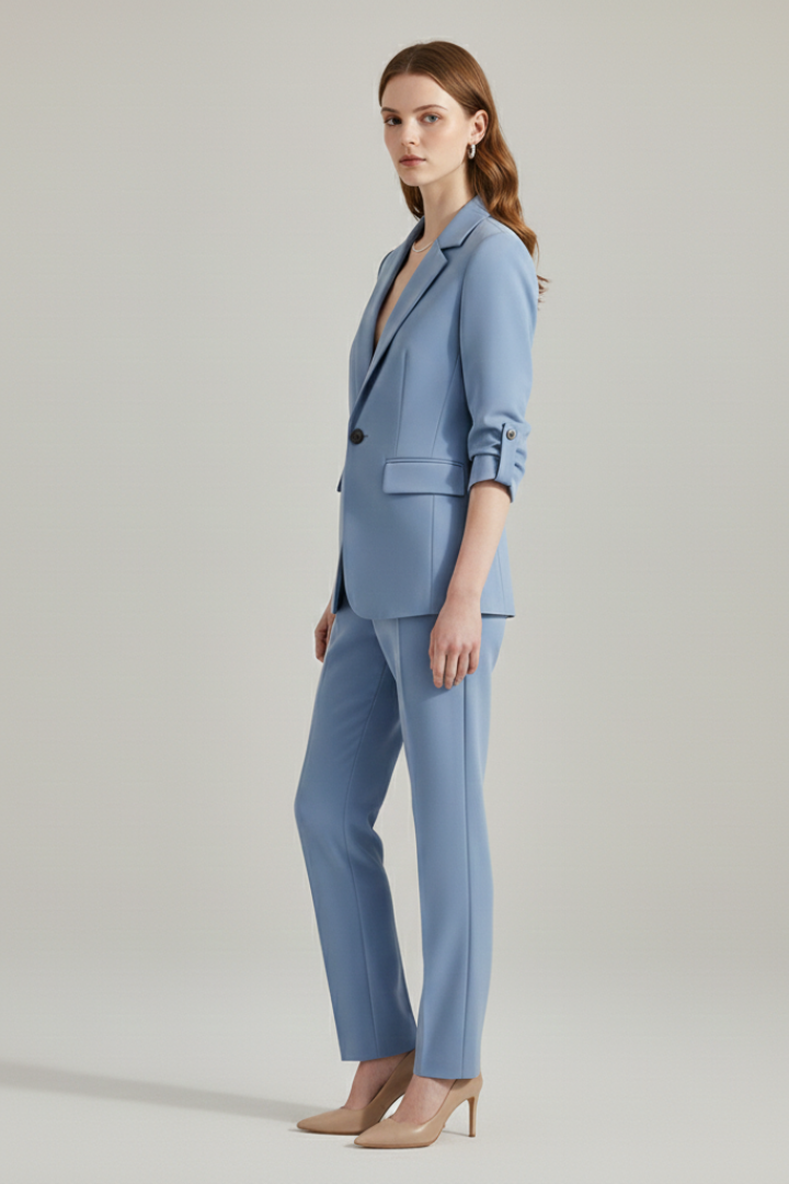 Ensemble Blazer Femme avec Revers Découpé et Pantalons à Jambes Droites