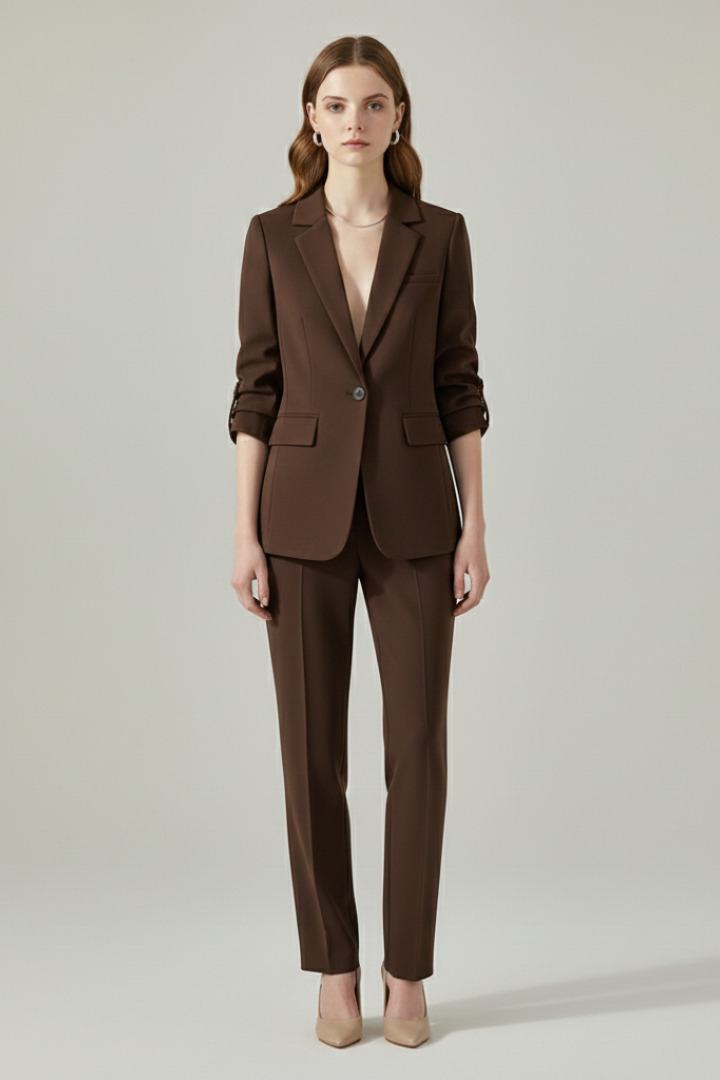 Ensemble Blazer Femme avec Revers Découpé et Pantalons à Jambes Droites