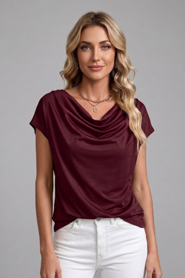 Blouse Femme avec Col Bateau et Devant Drapé