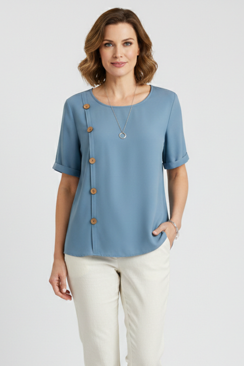 Blouse Femme avec Col Rond et Boutons Latéraux