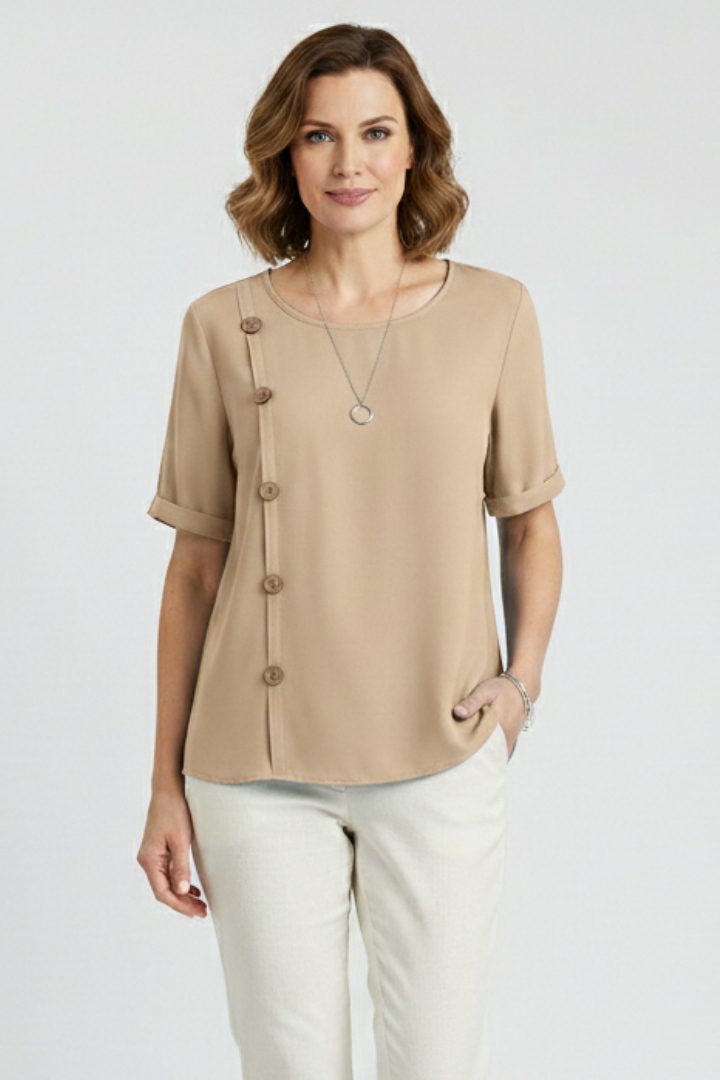 Blouse Femme avec Col Rond et Boutons Latéraux