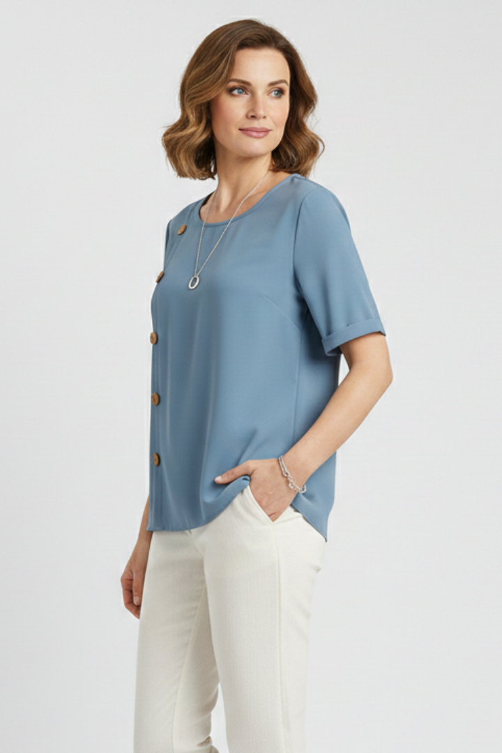 Blouse Femme avec Col Rond et Boutons Latéraux