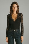 Blouse Femme avec Décolleté en V et Manches en Dentelle