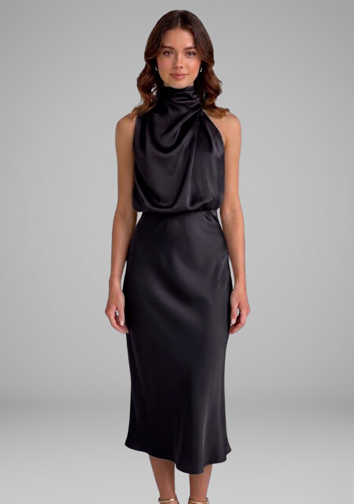 Robe Femme avec Col Montant et Devant Drapé