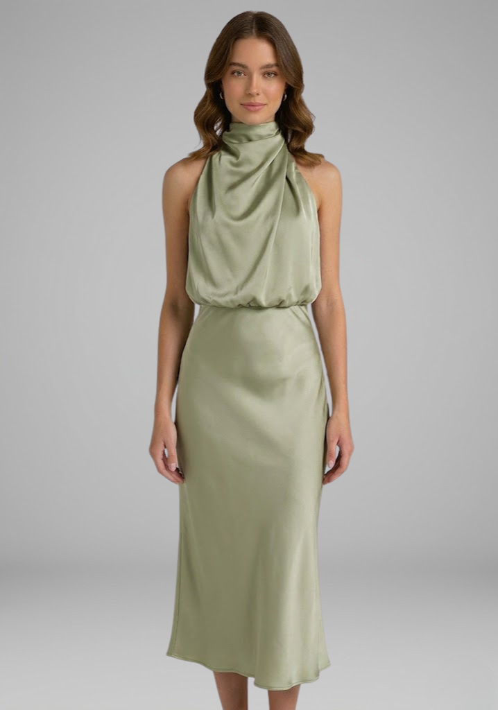 Robe Femme avec Col Montant et Devant Drapé