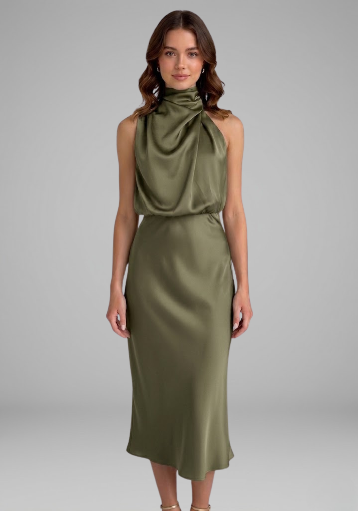 Robe Femme avec Col Montant et Devant Drapé