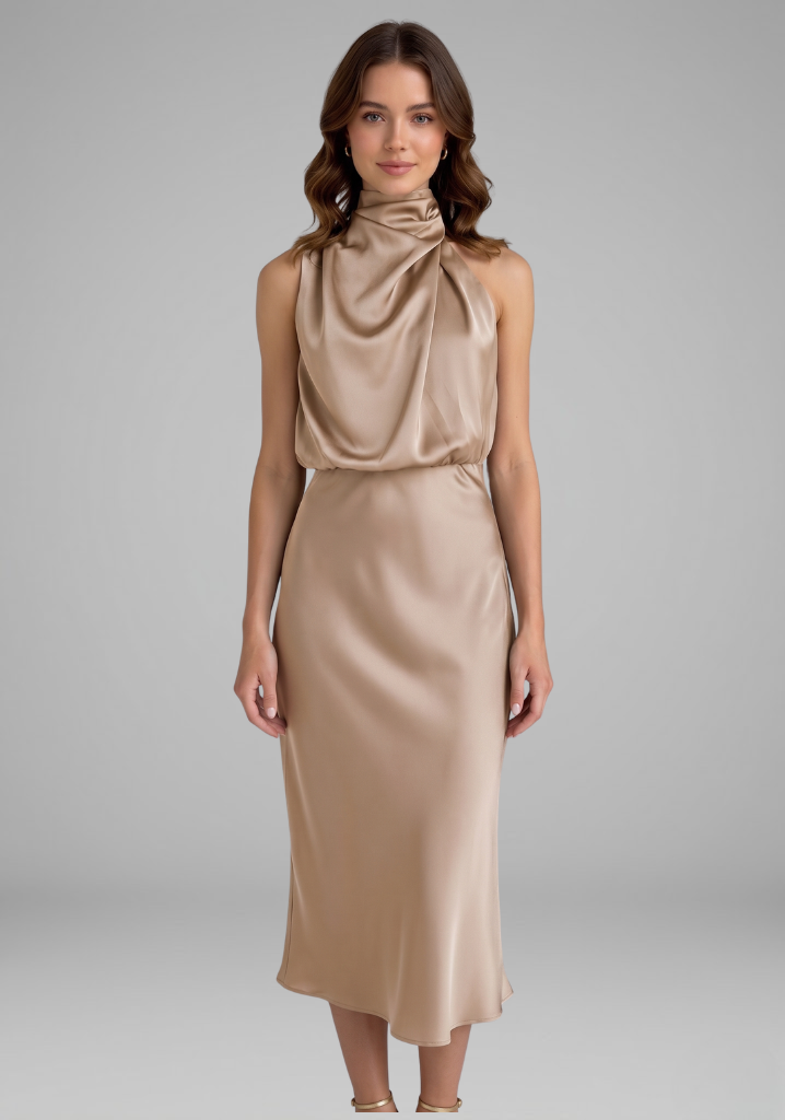 Robe Femme avec Col Montant et Devant Drapé