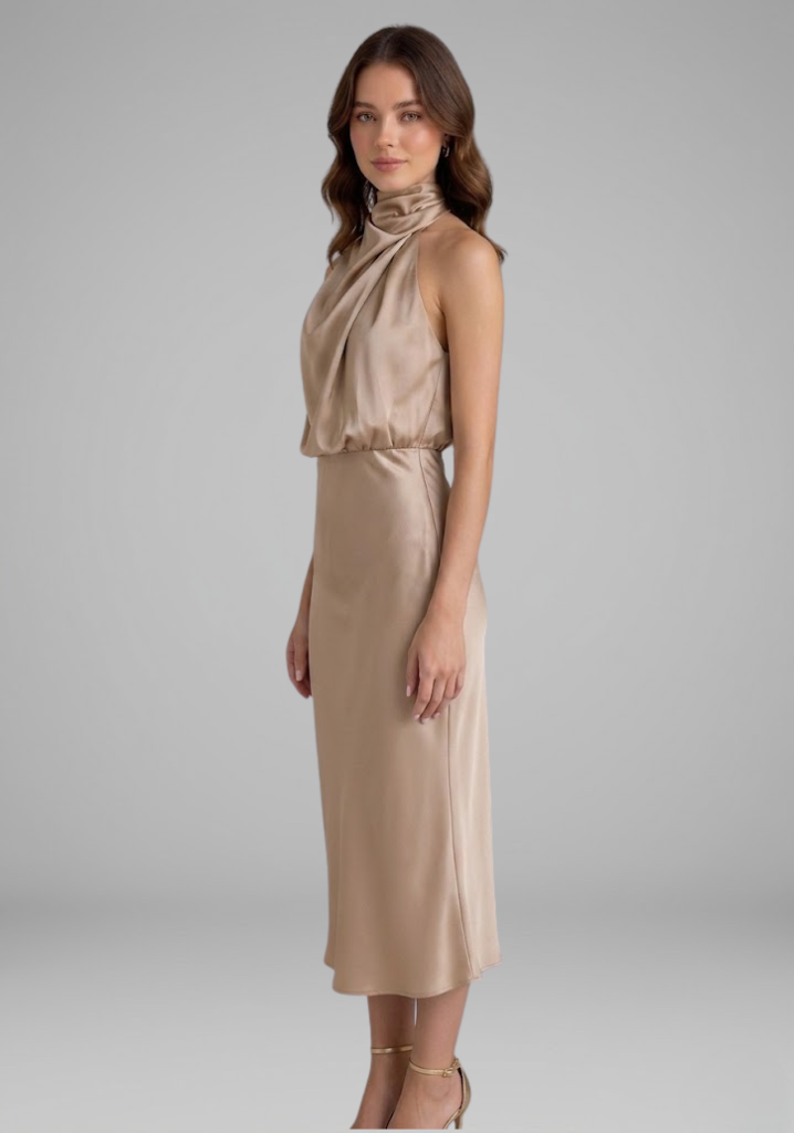 Robe Femme avec Col Montant et Devant Drapé