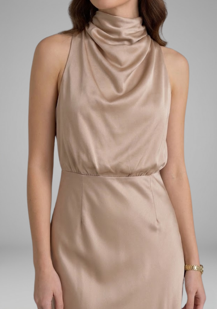 Robe Femme avec Col Montant et Devant Drapé