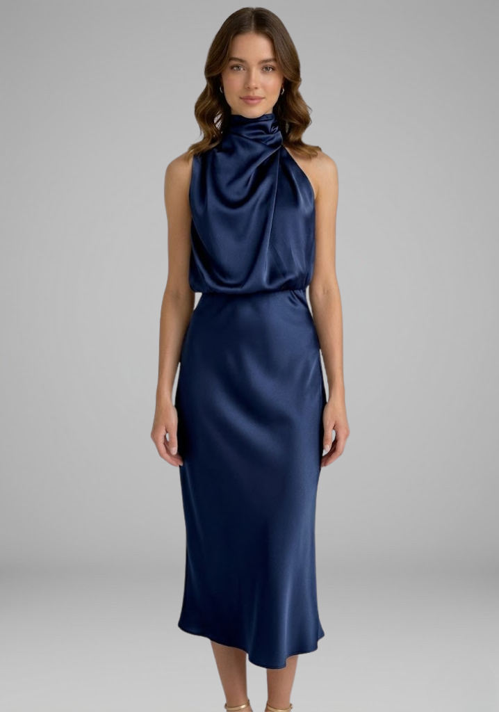 Robe Femme avec Col Montant et Devant Drapé
