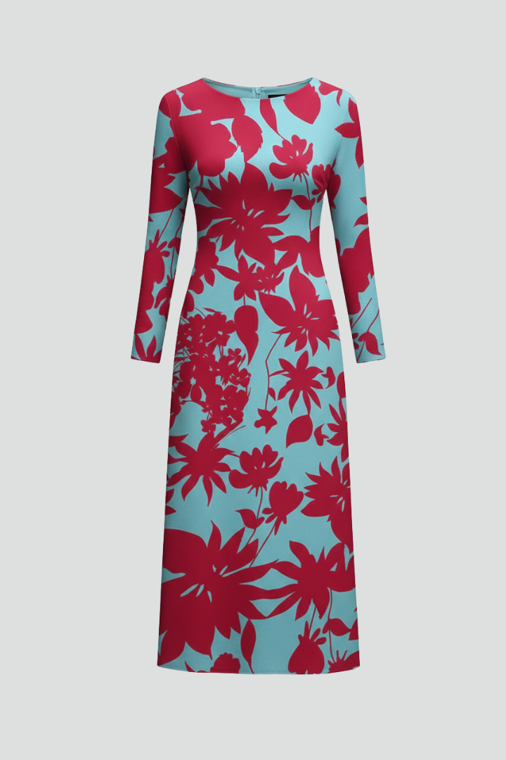 Robe Femme à Manches Longues avec Ourlet Imprimé Irregulier