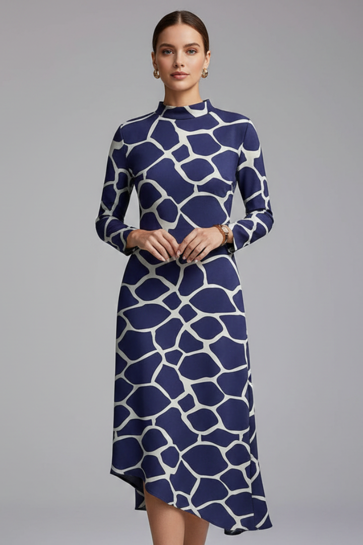Robe Femme à Manches Longues avec Ourlet Imprimé Irregulier