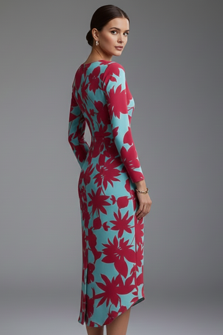 Robe Femme à Manches Longues avec Ourlet Imprimé Irregulier