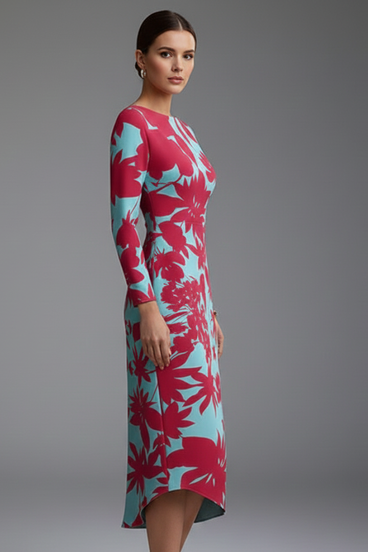 Robe Femme à Manches Longues avec Ourlet Imprimé Irregulier