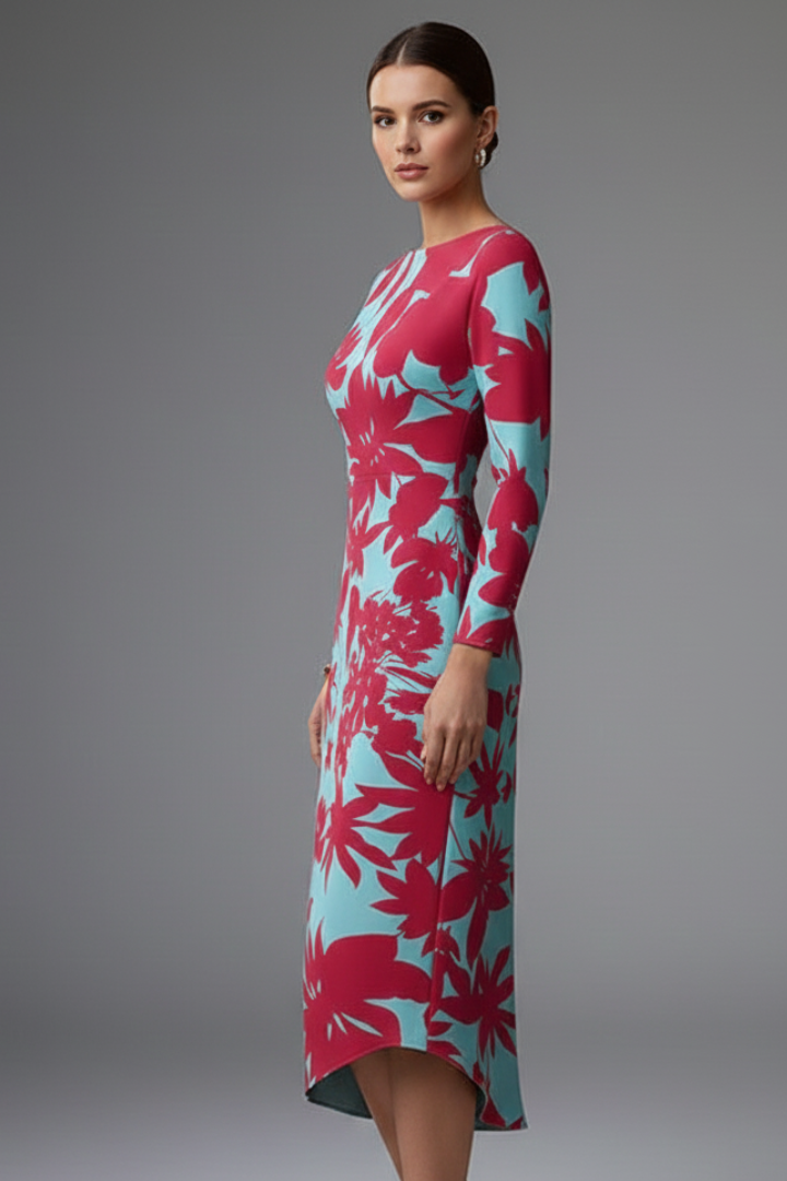 Robe Femme à Manches Longues avec Ourlet Imprimé Irregulier