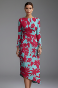 Robe Femme à Manches Longues avec Ourlet Imprimé Irregulier