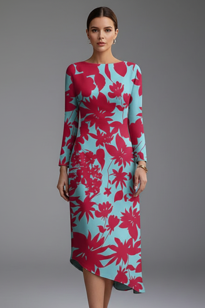Robe Femme à Manches Longues avec Ourlet Imprimé Irregulier