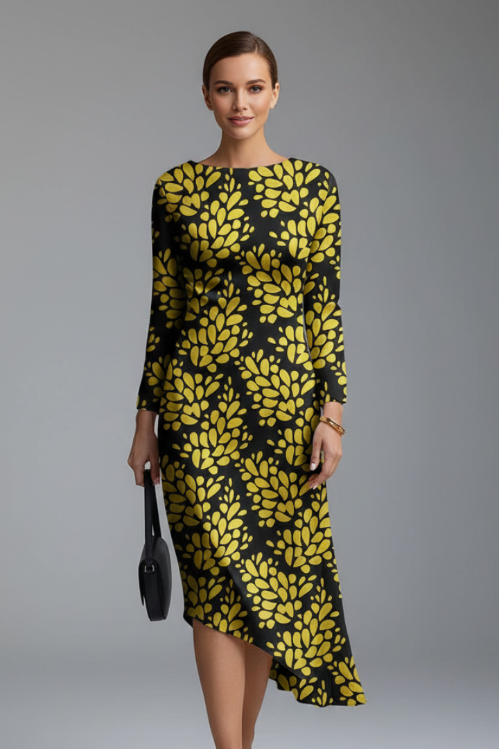 Robe Femme à Manches Longues avec Ourlet Imprimé Irregulier