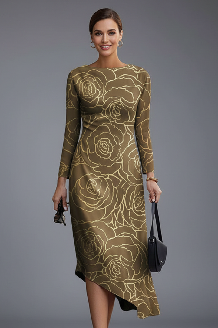 Robe Femme à Manches Longues avec Ourlet Imprimé Irregulier