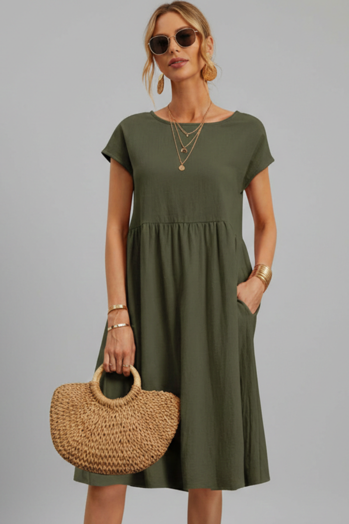 Robe Femme avec Encolure Ronde et Poches Latérales