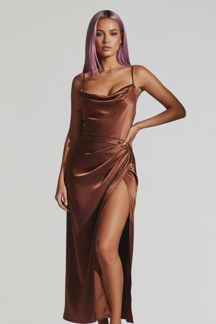 Robe Femme avec Bretelles Fines et Jupe Drapée