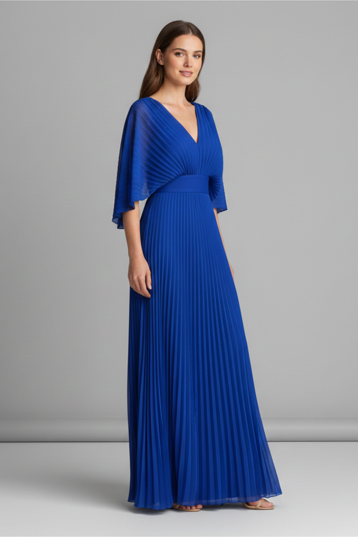 Robe Femme avec Décolleté en V et Jupe Maxi Plissée