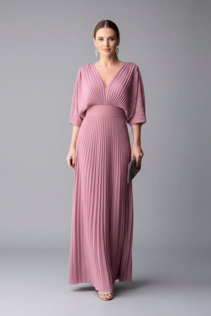 Robe Femme avec Décolleté en V et Jupe Maxi Plissée