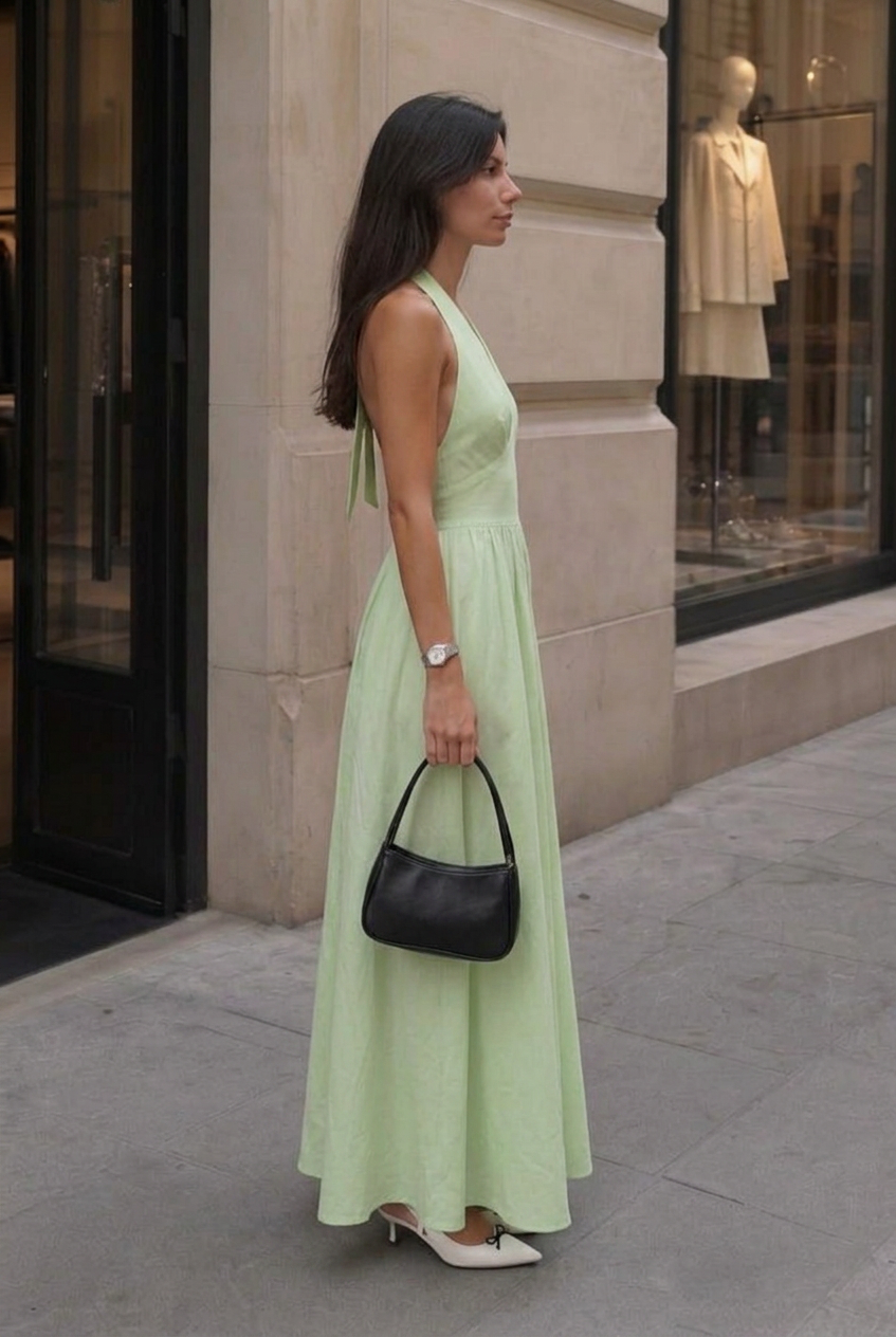 Robe maxi A-line à encolure halter et décolleté en V pour femmes