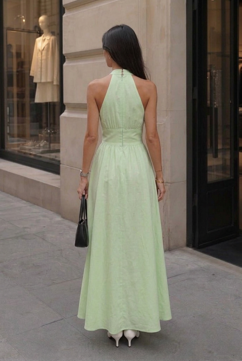 Robe maxi A-line à encolure halter et décolleté en V pour femmes