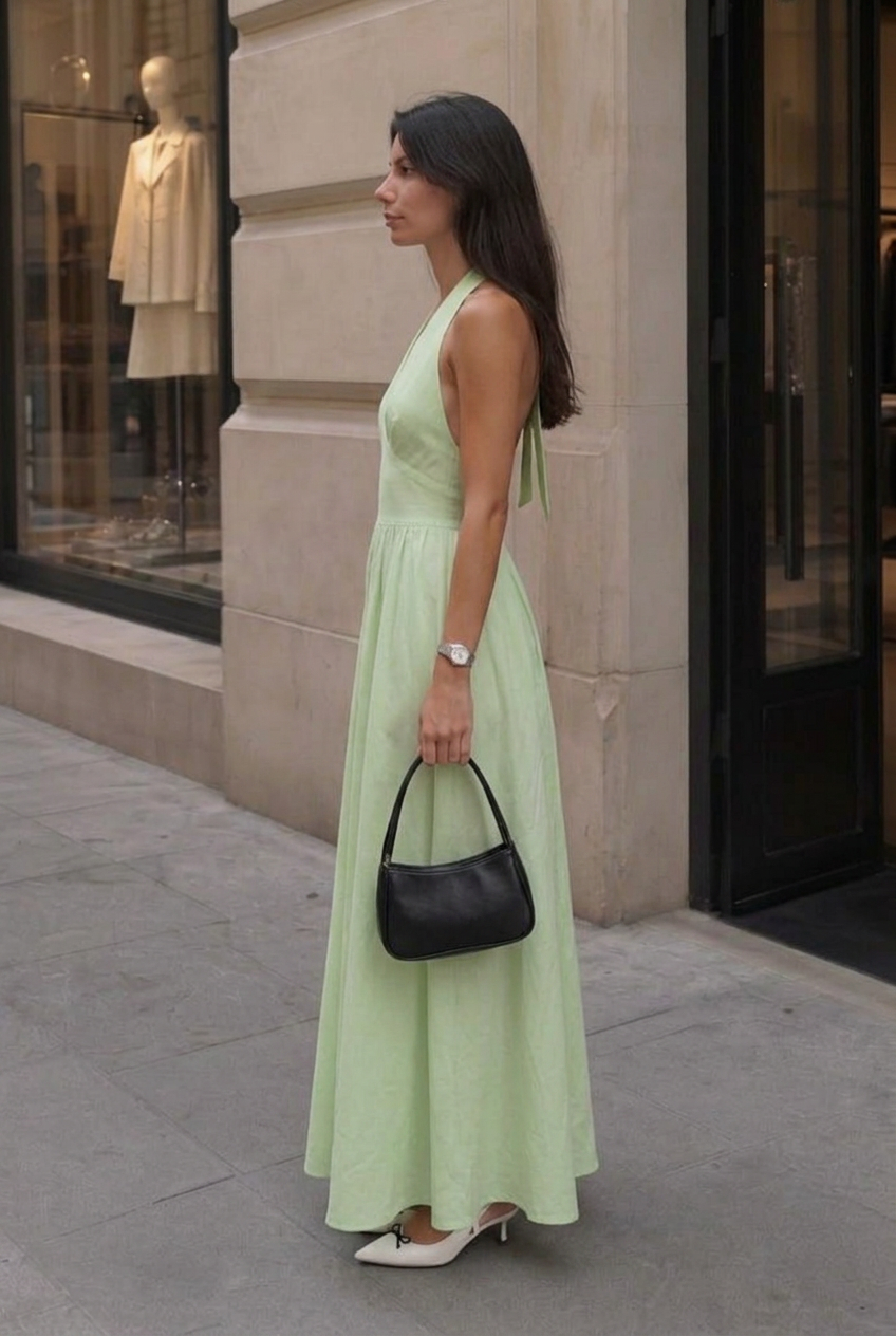 Robe maxi A-line à encolure halter et décolleté en V pour femmes