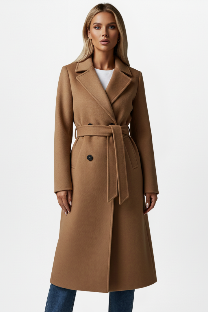 Manteau long pour femmes avec ceinture et devant à double boutonnage