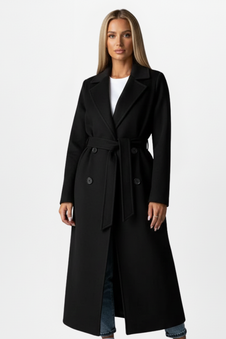 Manteau long pour femmes avec ceinture et devant à double boutonnage