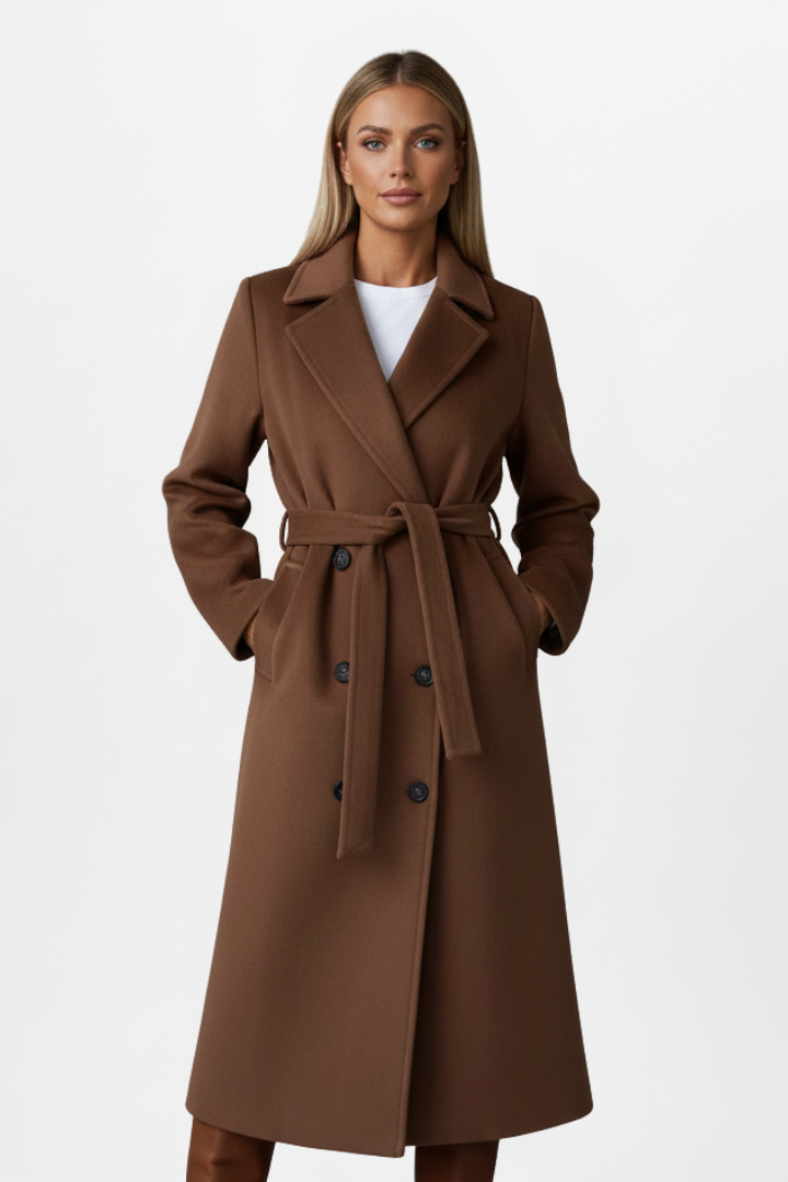 Manteau long pour femmes avec ceinture et devant à double boutonnage